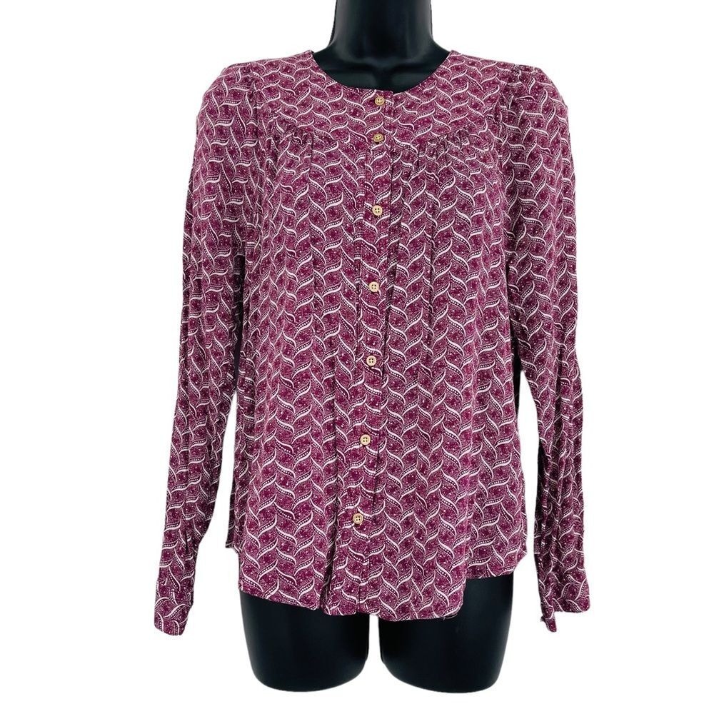 Maeve Button Down‎ Blouse Womens XS Purple Geometric Wave Rayon Long Sleeve Top